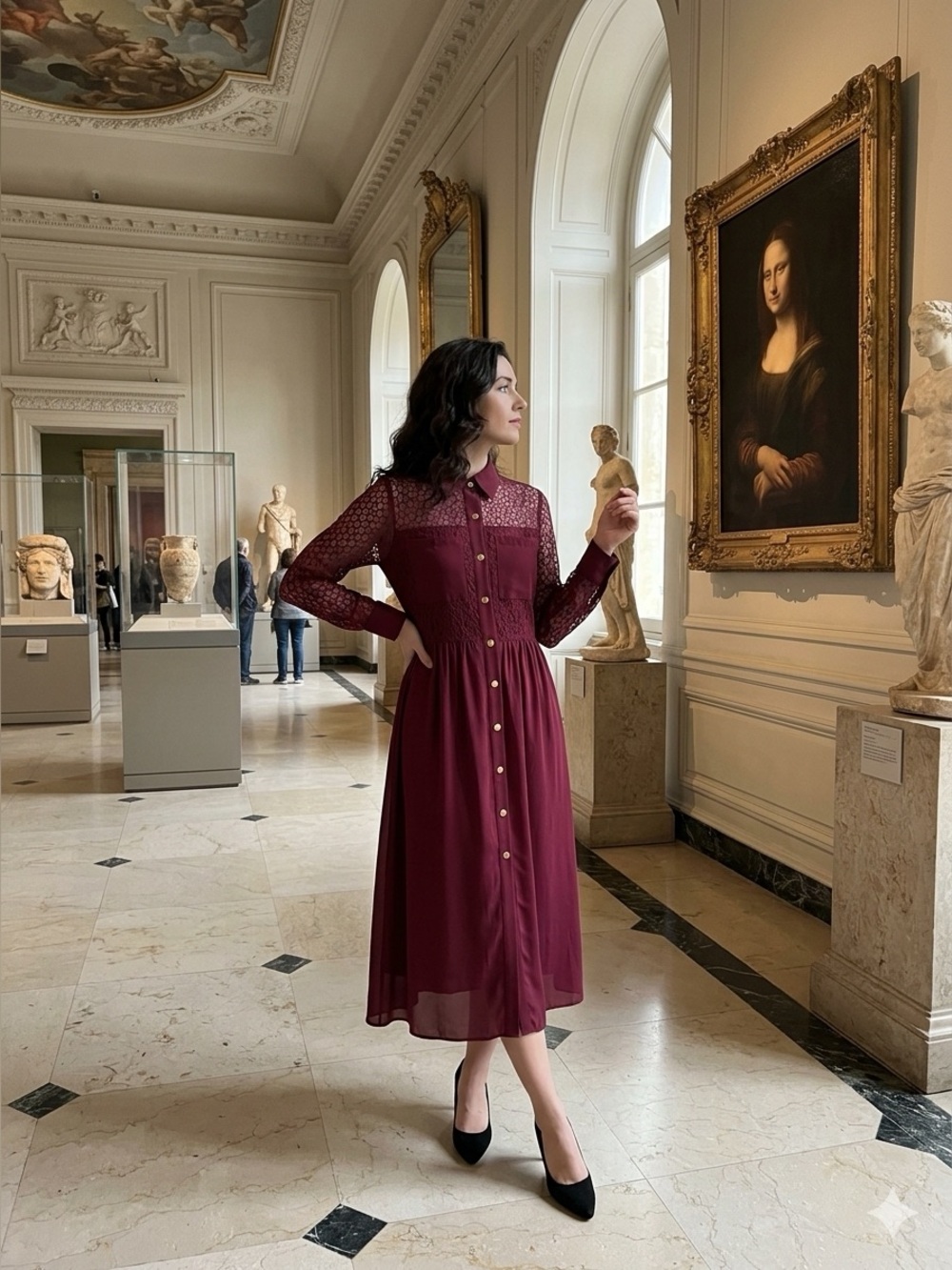 Elegant Burgundy Lace Midi Dress - Button-Front Shirt Style